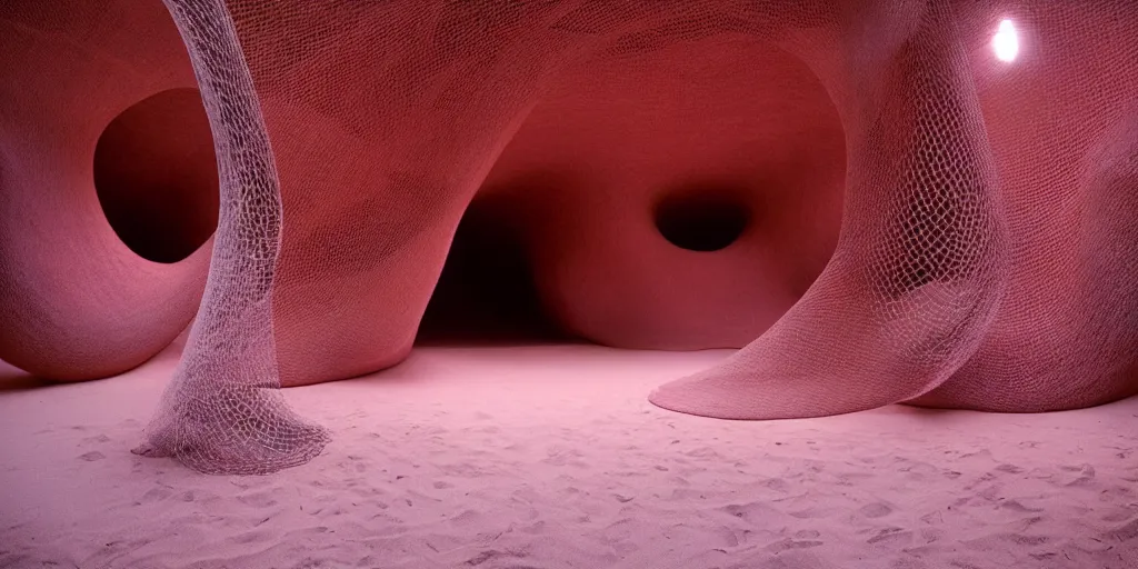 Prompt: biomorphic structures out of stocking - like material and nets that fills with various objects like spices, sand and rocks by ernesto neto, dusty pink with light - mint color, film still from the movie directed by denis villeneuve with art direction by zdzisław beksinski, telephoto lens, shallow depth of field