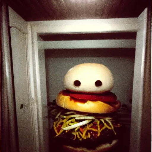 Prompt: grainy photo of a hamburger as a creepy monster in a closet, harsh flash