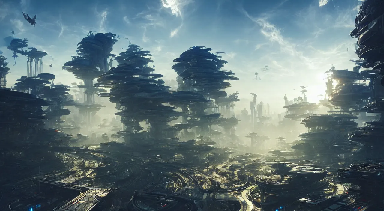 Image similar to futuristic solarpunk city with happy people and animals living in high - tech harmony with nature, late afternoon light, wispy clouds in a blue sky, unreal engine, intricate, highly detailed, elegant, trending on artstation, sharp focus, cinematic lighting, by frank lloyd wright and greg rutkowski and ruan jia