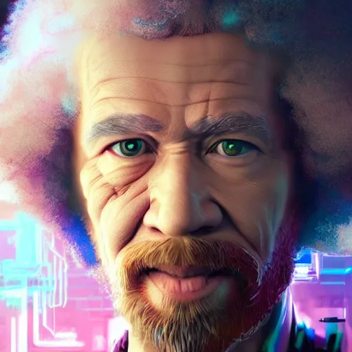 Image similar to disgusting portrait of a bob ross, art by wlop and artgerm and liam wong, cyberpunk, neon, intricate details, trending on artstation, sharp focus, caustics, octane render, radiant light, 4 k