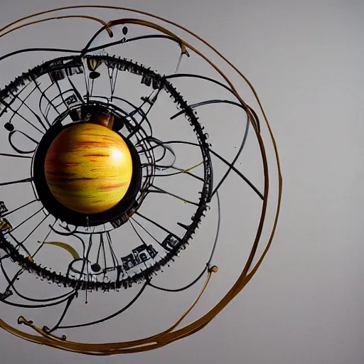 Prompt: a kinetic sculpture of this solar system, sun, orrery, canon 5 d 5 0 mm lens, papier - mache, studio, 1 9 5 4