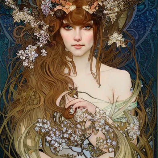 Prompt: realistic detailed face portrait of a beautiful young fox woman chimera with oak leaves in her hair by Alphonse Mucha, Ayami Kojima, Amano, Charlie Bowater, Karol Bak, Greg Hildebrandt, Jean Delville, and Mark Brooks, Art Nouveau, Neo-Gothic, gothic, rich deep moody colors