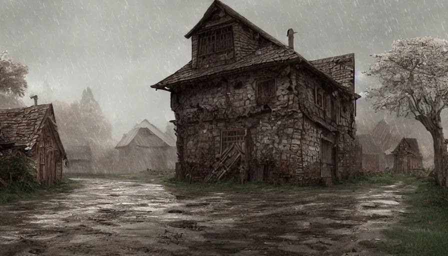 Prompt: Emply abandoned medieval village at rainy day, grey sky, muddy road, damaged wooden house, sad feeling, hyperdetailed, artstation, cgsociety, 8k