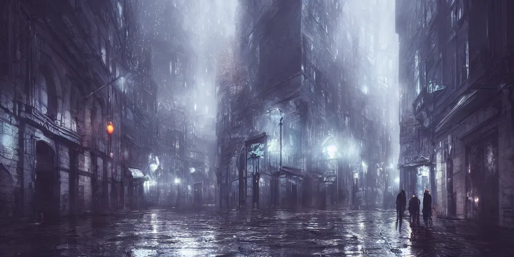 Image similar to a cold and melancholic city in a dark and rainy cavern, fantasy digital art, octane render, beautiful composition, trending on artstation, award - winning photograph, masterpiece