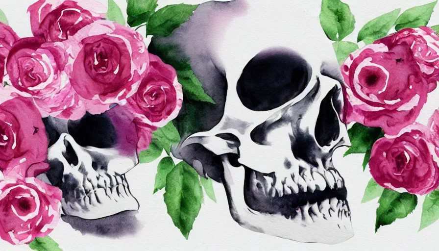 Prompt: watercolor painting of scull with roses on white paper, bright, white table, white walls