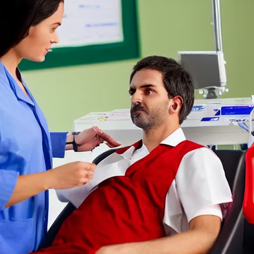 Image similar to a man is giving blood at the bloodbank but his blood is green and the nurses standing by are very scared. extremely detailed photo, hostpital exnvironment.