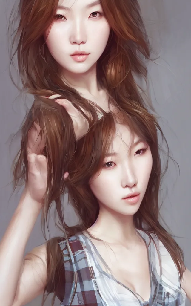 Image similar to a beautiful korean woman with sultry honey eyes and brown hair, wearing plaid pleat shorts and drawstring shirred tube top, stunning, highly detailed, digital painting, artstation, hard focus, art by artgerm and wlop