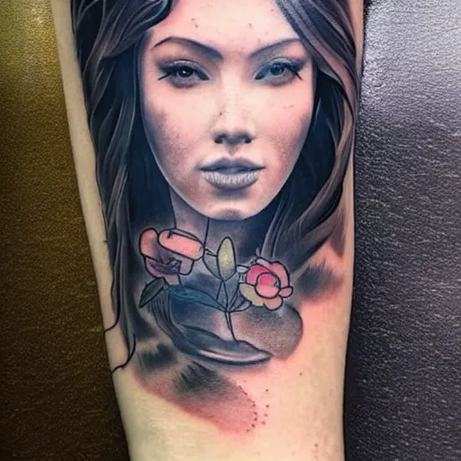 Image similar to tattoo realism design of a beautiful girl with a mountain scenery next to her, hyper realistic