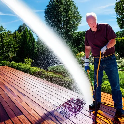 Prompt: john lithgow power washing his deck, ( sony a 7 r iv, symmetric balance, polarizing filter, photolab, lightroom, 4 k, dolby vision, photography awardm, voque, perfect face )