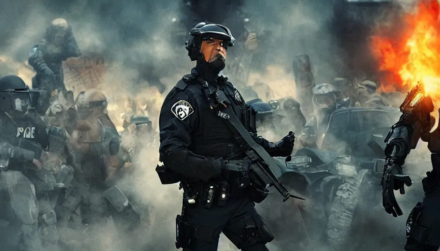 Image similar to big budget action movie about police and a demonic battle cyborg