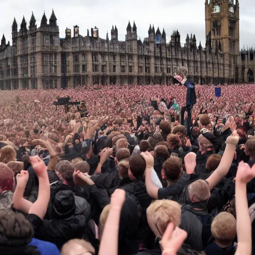 Image similar to several clones of boris johnson raving in a muddy mosh pit