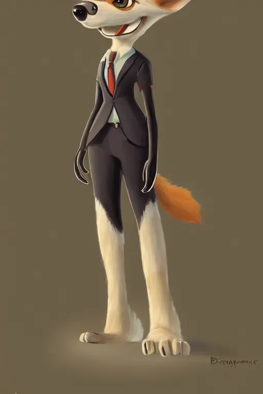 Image similar to oil painting of anthromorphic female wolf, in style of zootopia, female fursona, furry, furaffinity, 4 k, deviantart, furry art, fursona art, wearing black business suit, business suit, wolf fursona, female, smug expression,