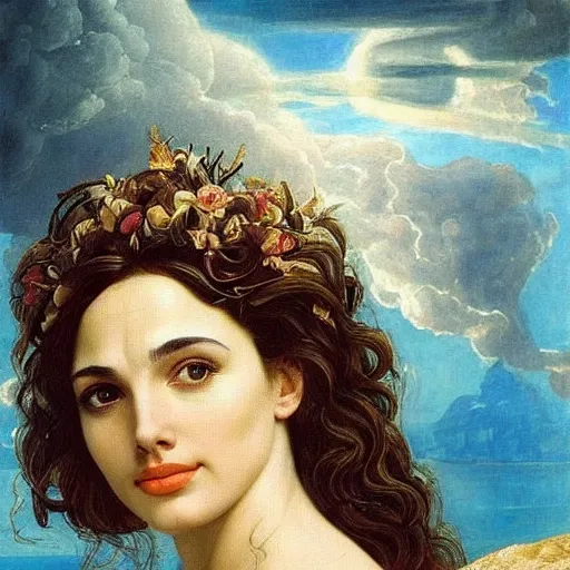 Image similar to Head and shoulders masterpiece portrait oil painting of the beautiful goddess Gal Gadot as Venus, she is wearing roman clothes and a surreal jewelry, her hair is natural disheveled, she is approaching heaven over the clouds, naturalism, dramatic lighting, high-detailed oil painting by Ilya Repin, Michelangelo da Caravaggio, William Blake, Alex Grey and Beksinski, trending on Artsation, hystorical painting, naturalism, masterpiece, 4k, 8k,