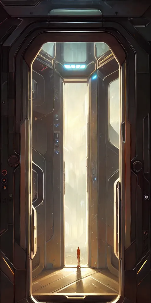 Image similar to hyper realistic art - deco sci - fi double door by jordan grimmer, darek zabrocki