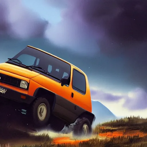 Image similar to blue fiat panda riding in mountains, dramatic light, clouds, artstation, hyper realistic, simon stalenhag