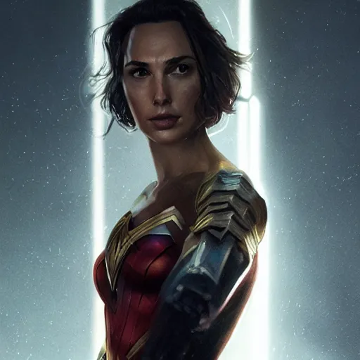 Image similar to a potrait of Gal Gadot as Kryptonian by Greg Rutkowski, Sung Choi, Mitchell Mohrhauser, Maciej Kuciara, Johnson Ting, Maxim Verehin, Peter Konig, Zack Snyder, 8k photorealistic, cinematic lighting, HD, high details, dramatic, trending on artstation, full body shot