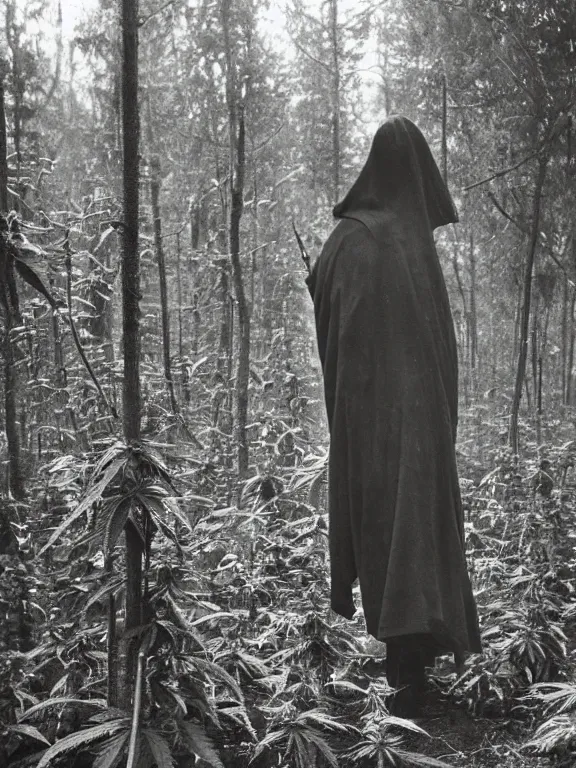 Prompt: grim reaper in cannabis forest, ww1 photo, grainy, high detail, high resolution,