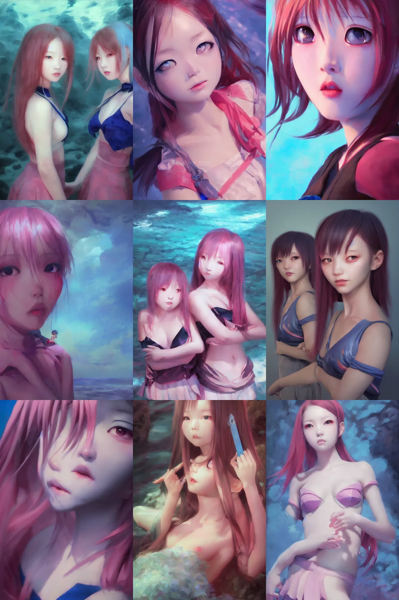 Image similar to 3d dark infrared octane render concept art by D. Jun, by Mo Xiang Tong Xiu, by Igarashi Daisuke, beauty portrait anime schoolgirls under dark pink and blue water. cute face. dramatic light, trending on artstation, oil painting.