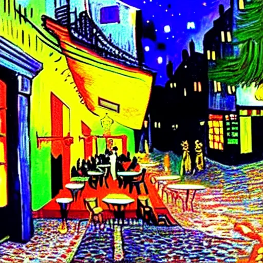 Image similar to Photo of Cyberpunk Cafe Terrace at night by Vincent Van Gogh in real life