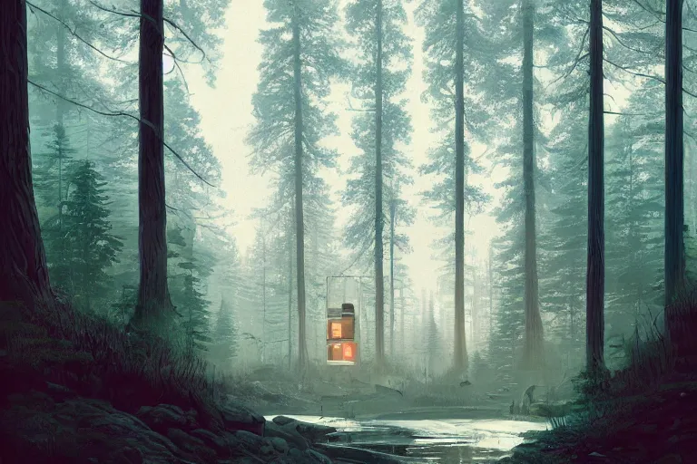 Image similar to beautiful swedish forest view, cinematic composition, highly detailed, intricate, soft lighting, very wide shot, trending on artstation, 50mm, digital painting by Simon Stålenhag