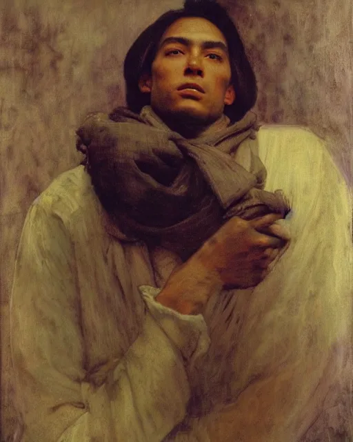 Image similar to young handsome peruvian man, portrait painting by richard schmid, edgar maxence, kehinde wiley, thomas moran, maxfield parrish, studio ghibli, loish, alphonse mucha, fashion photography