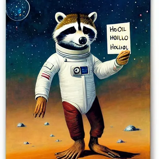 Image similar to astronaut racoon holding a sign that says hello by esao andrews