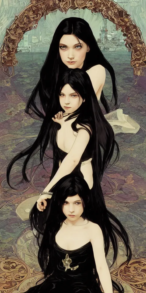 Image similar to character poster of young girl with straight long black hair wearing black dress sitting in bath, poster by capcom art team collaborating with artgem, greg rutkowski and alphonse mucha