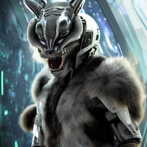 Image similar to a humanoid with cat-like features, yellow eyes, teeth that protrude past the lower lip (sort of like a saber-tooth tiger) and fine grayish fur on their faces and backs of their hands wearing futuristic alien armor and carrying weapons, octane,