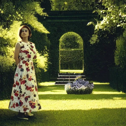 Prompt: woman standing in a french garden, blurry dark creature standing behind her, bright summer day, album cover, by hipgnosis