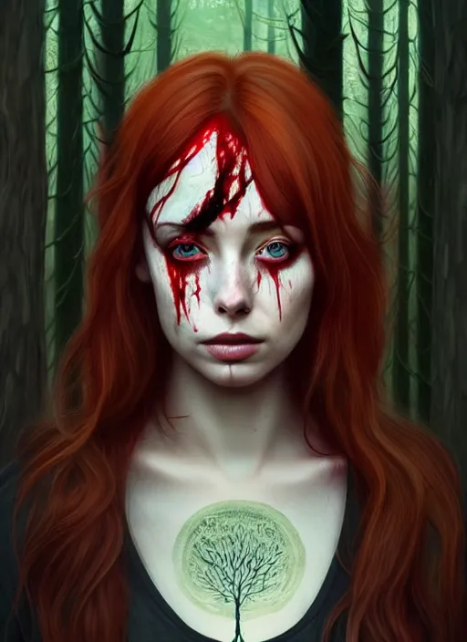 Prompt: surrounded by trees, realistic character concept, gorgeous Kacey Rohl, red hair, small freckles, Wendigo antlers, symmetrical face, symmetrical eyes, full body, covered in blood, dark forest, trees, shorter neck, cinematic lighting, Joshua Middleton and artgerm, fear anxiety terror