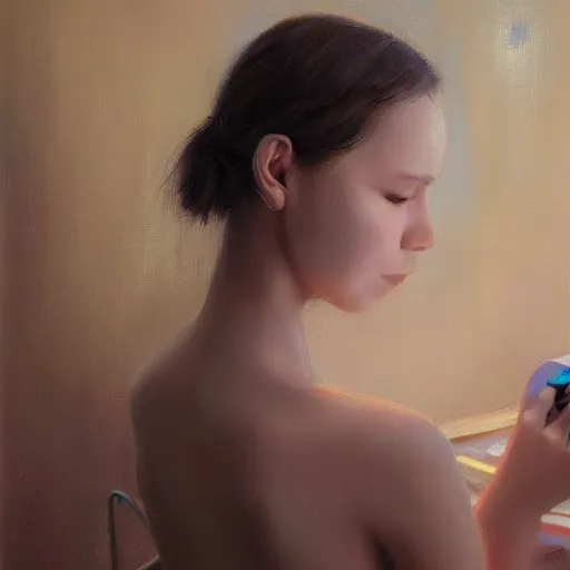 Prompt: a portrait of female young robotic ai artist painting onto a canvas, trending on art station, cosmic, beautiful, by wlop