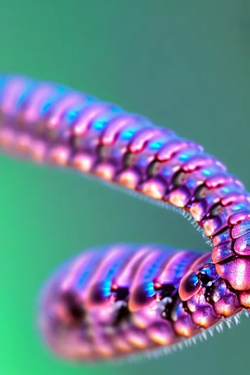 Image similar to high quality macro photo iridescent cyborg caterpillar! cute highly detailed david ligare elson peter cinematic pink lighting high quality low angle hd 8k sharp shallow depth of field