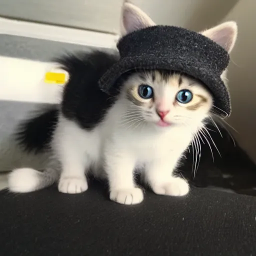 Prompt: a photograph of a kitten wearing a small boonie hat on it's head