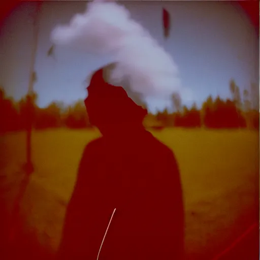 Prompt: pinhole photo : dream, smoke, clouds, silhouette, face, mirror, double exposure, chromatic aberration, kodachrome, red and yellow light