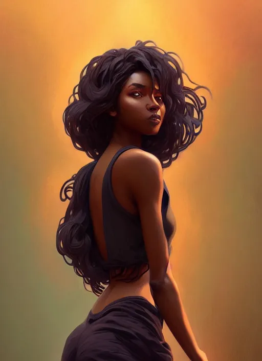 Image similar to handsome black women with shoulder length brown hair, half body shot, path traced, highly detailed, high quality, digital painting, alena aenami, lilia alvarado, shinji aramaki, karol bak, alphonse mucha, tom bagshaw