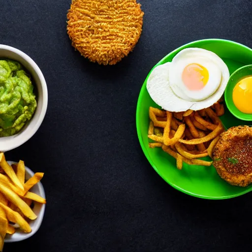 Prompt: vegan hamburger with guacamole topping crispy fried onion topping and fried egg topping next to a bowl of french fries, crispy buns, 8 k resolution, studio lighting, sharp focus, hyper - detailed