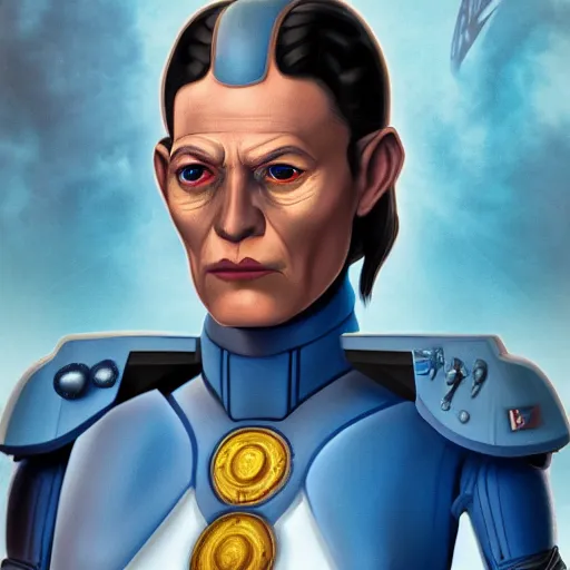 Prompt: grand admiral thrawn and karyn faro merged into one person, detailed, accurate, realistic, 4 k