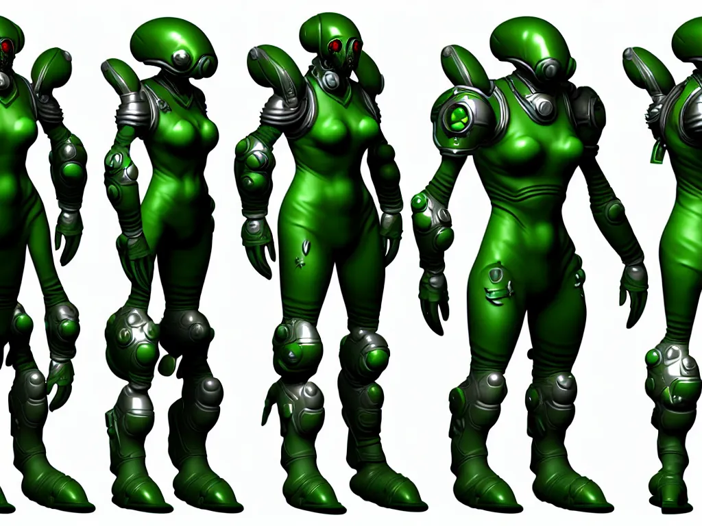 Prompt: highly detailed moba artstation character design sheet for a group of sci - fi alien soldier with wapons, zdzislaw bekinski, green and silver color, dark fantastic, game assets, unreal engine, unity, concept art