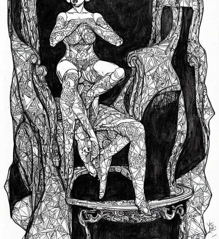 Prompt: salome full figure sitting on throne sketchbook ink drawing by james jean very detailed high contrast