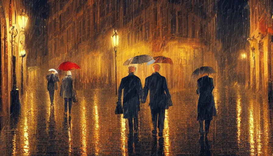 Image similar to digital painting of old couple walking in brussels by night, reflections, lights, umbrella, hyperdetailed, artstation, cgsociety, 8 k