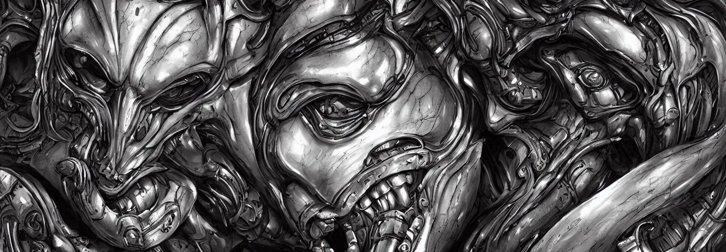 Image similar to engineer prometheus face by Artgerm, xenomorph alien, highly detailed, symmetrical long head, blood color, smooth marble surfaces, detailed ink illustration, raiden metal gear, cinematic smooth stone, deep aesthetic, concept art, post process, 4k, carved marble texture and silk cloth, latex skin, highly ornate intricate details, prometheus, evil, moody lighting, hr geiger, hayao miyazaki, indsutrial Steampunk