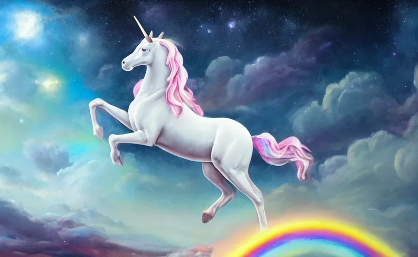 Prompt: an oil painting of a unicorn walking on an rainbow in space, masterpiece, highly detailed, high quality, 4K, anatomically correct, hyperrealistic, concept art, octane render, unreal engine 5, trending on Artstation, trending on DeviantArt, matte, historical painting, fantasy style, path traced, high coherence, soft lighting, digital painting, mythical