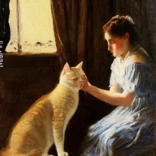 Image similar to young woman petting her cat by alfred stevens