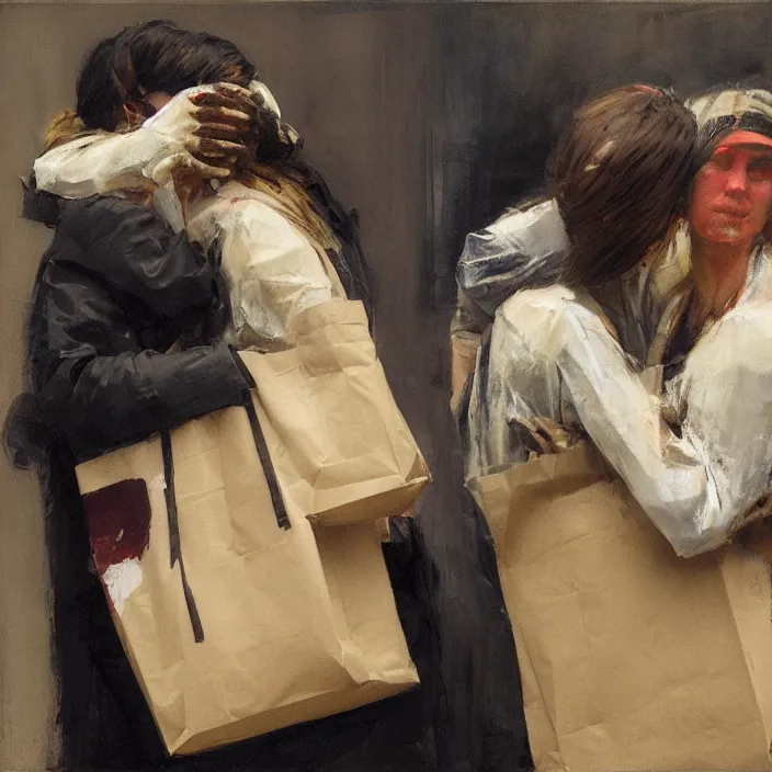 Prompt: two women hugging with a paper bag over the head dressed in plastic bags by jeremy mann and edward hopper