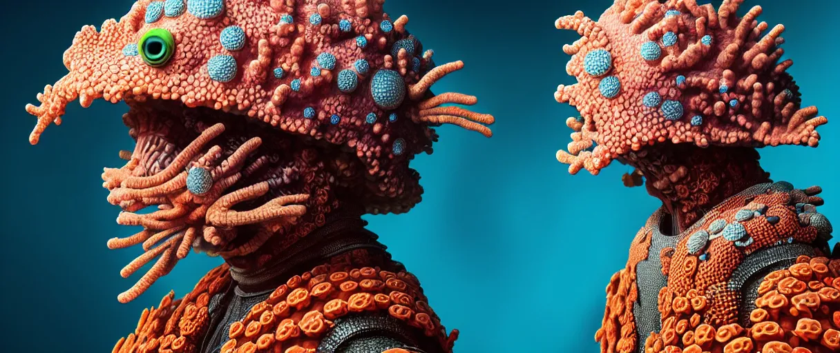 Image similar to hyperrealist highly detailed english medieval portrait of high fashion monster wearing reef armor, radiating atomic neon corals, concept art pascal blanche dramatic studio lighting 8k wide angle shallow depth of field