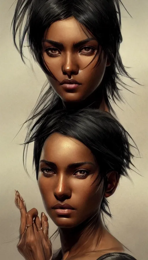 Image similar to woman with short, spiky black hair and dark skin, slanted amber eyes, long thin scar on her face. highly detailed, digital painting, artstation, concept art, sharp focus, beautiful face, expressive eyes, illustration, art by Artgerm and greg rutkowski and alphonse mucha