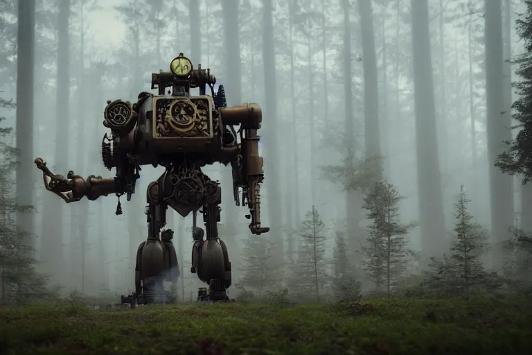 Prompt: steampunk mech standing in a swedish forest, very low angle photograph, minimalist, brass plates, trending on artstation, realistic, soft colors, simon stålenhag
