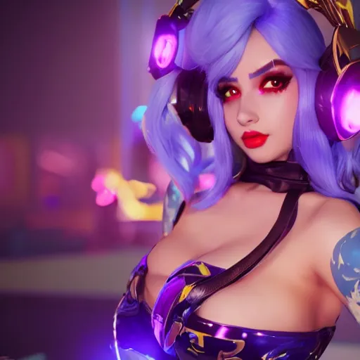 Image similar to still of pretty Sona (League of Legends) in KDA music video. 3d render, octane render, game art, realistic, highly detailed, trending on artstation, 4k, trending on artstation, pixar, cgsociety, unreal engine 5, redshift render, trending on artstation, blender, behance, cg