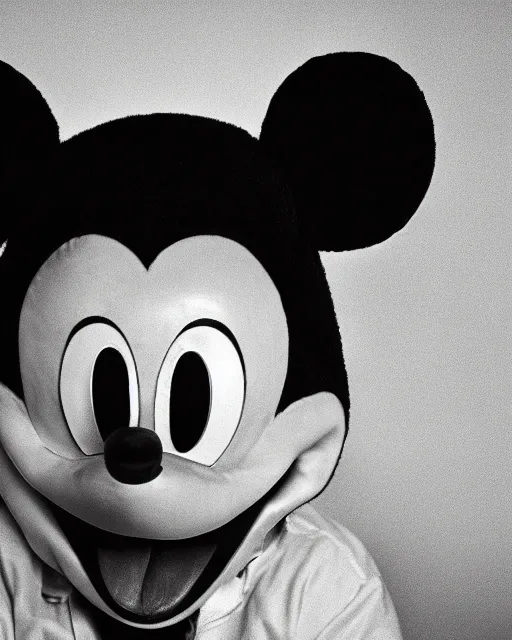 Image similar to A black-and-white studio portrait of a threatening-looking Mickey Mouse in the style of a horror movie; bokeh, 90mm, f/1.4