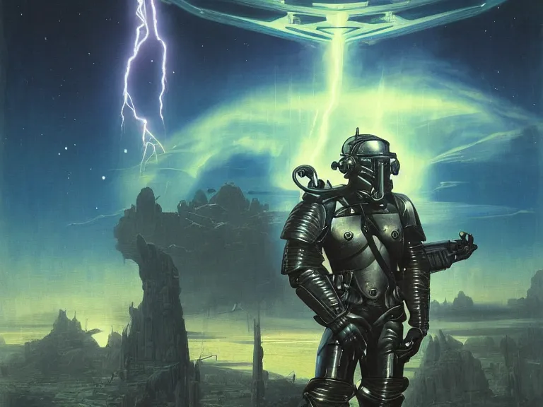 Image similar to a detailed profile painting of a bounty hunter in armour and visor, cinematic sci-fi poster. Spaceship high in the background. Flight suit, anatomy portrait symmetrical and science fiction theme with lightning, aurora lighting clouds and stars. Clean and minimal design by beksinski carl spitzweg and tuomas korpi. baroque elements. baroque element. intricate artwork by caravaggio. Oil painting. Trending on artstation. 8k